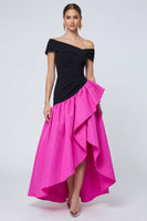 Load image into Gallery viewer, Fuchsia and Black Asymmetrical Long A Line Patchwork Formal Dress with Ruffles