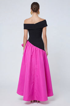 Fuchsia and Black Asymmetrical Long A Line Patchwork Formal Dress with Ruffles