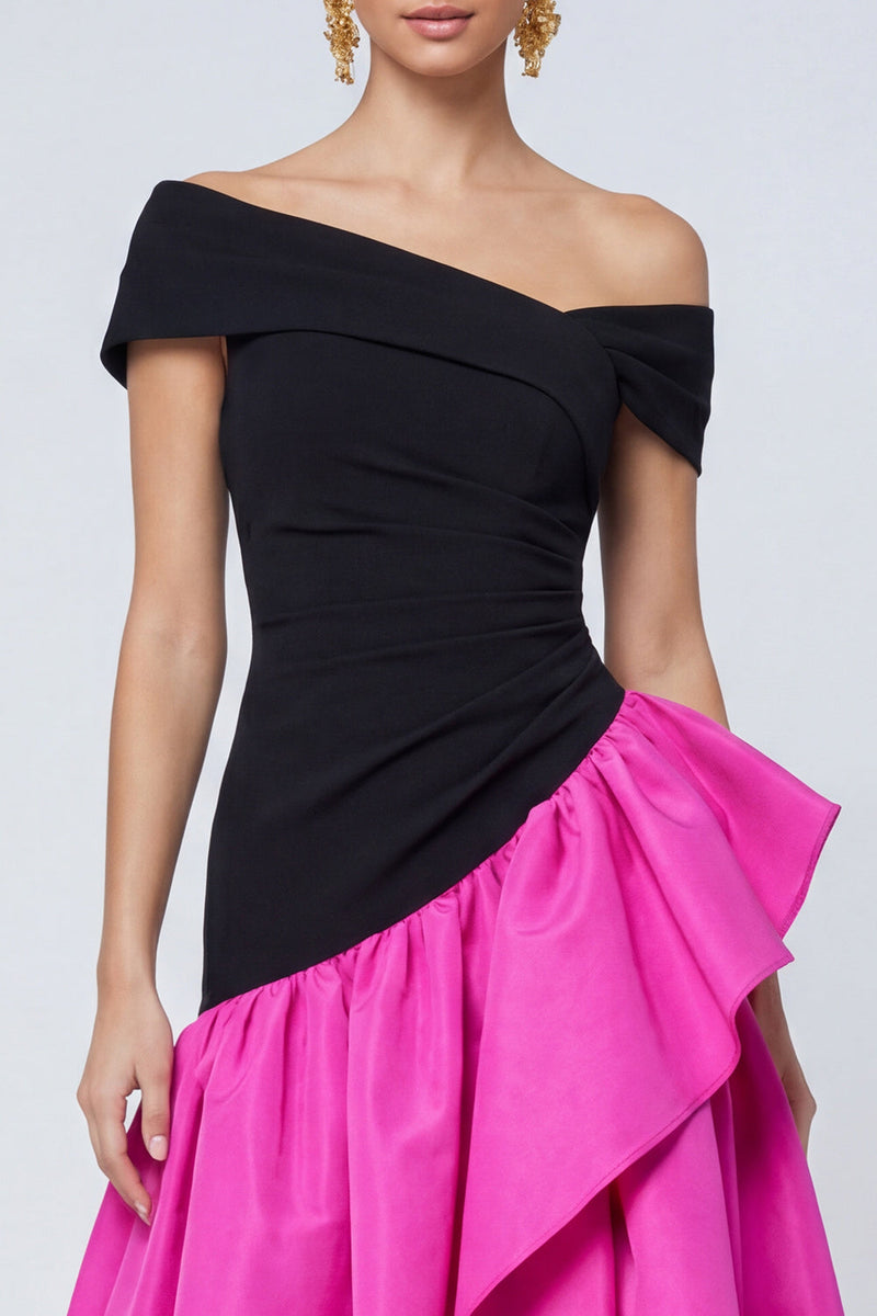 Load image into Gallery viewer, Fuchsia and Black Asymmetrical Long A Line Patchwork Formal Dress with Ruffles