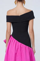 Load image into Gallery viewer, Fuchsia and Black Asymmetrical Long A Line Patchwork Formal Dress with Ruffles