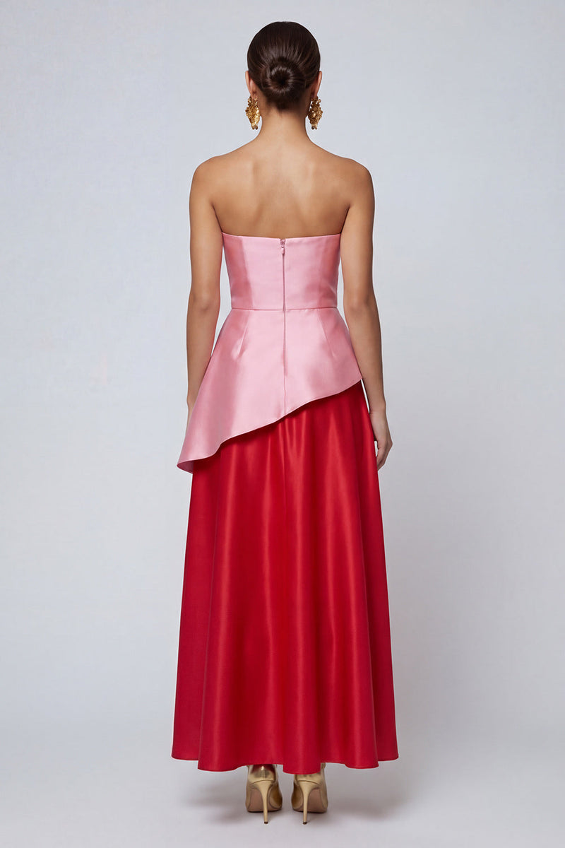 Load image into Gallery viewer, Pink and Red Long A Line Strapless Ruffled Patchwork Formal Dress