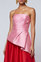 Load image into Gallery viewer, Pink and Red Long A Line Strapless Ruffled Patchwork Formal Dress