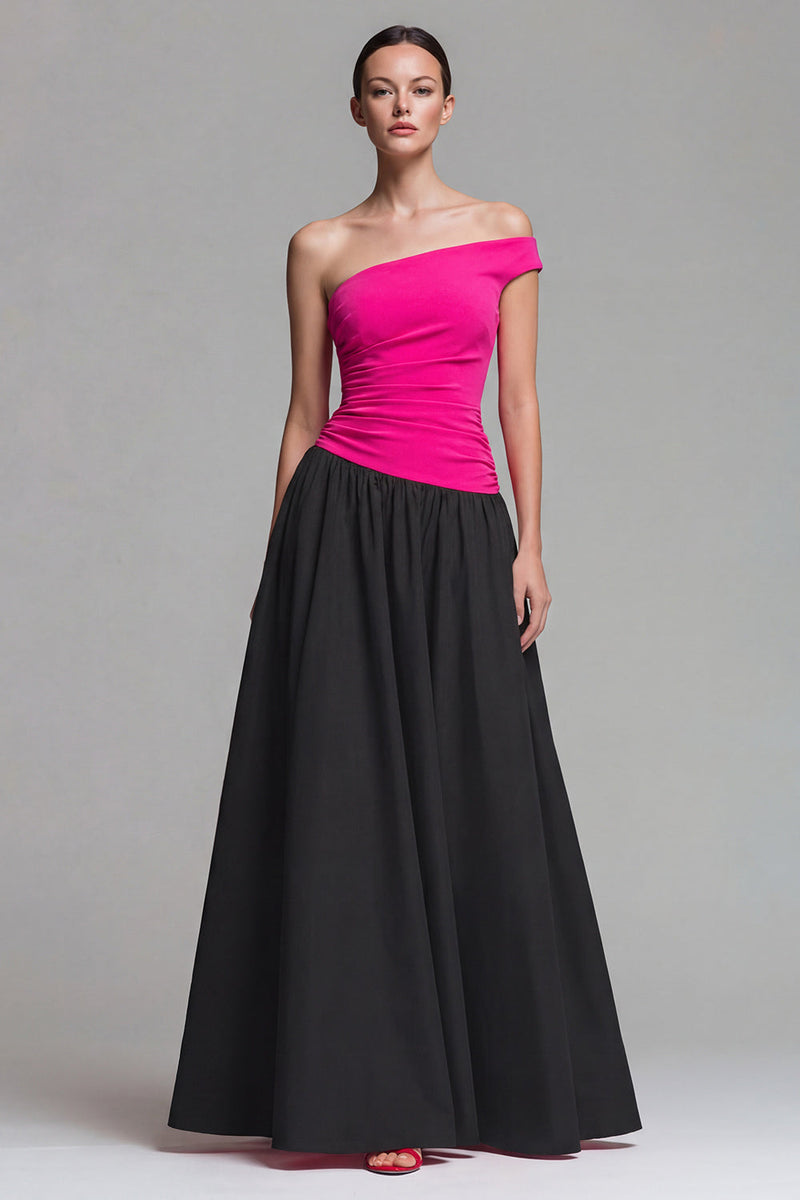 Load image into Gallery viewer, Fuchsia and Black Long Patchwork A Line One Shoulder Formal Dress