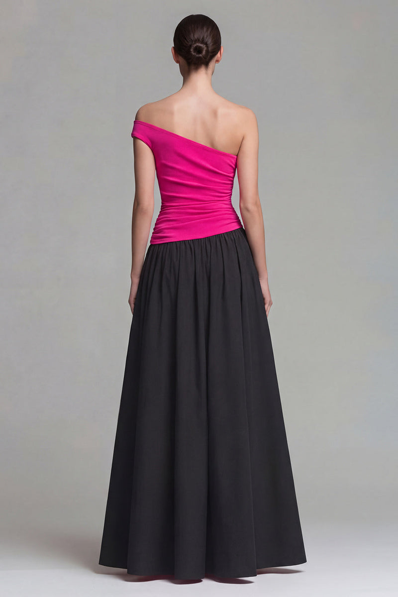 Load image into Gallery viewer, Fuchsia and Black Long Patchwork A Line One Shoulder Formal Dress