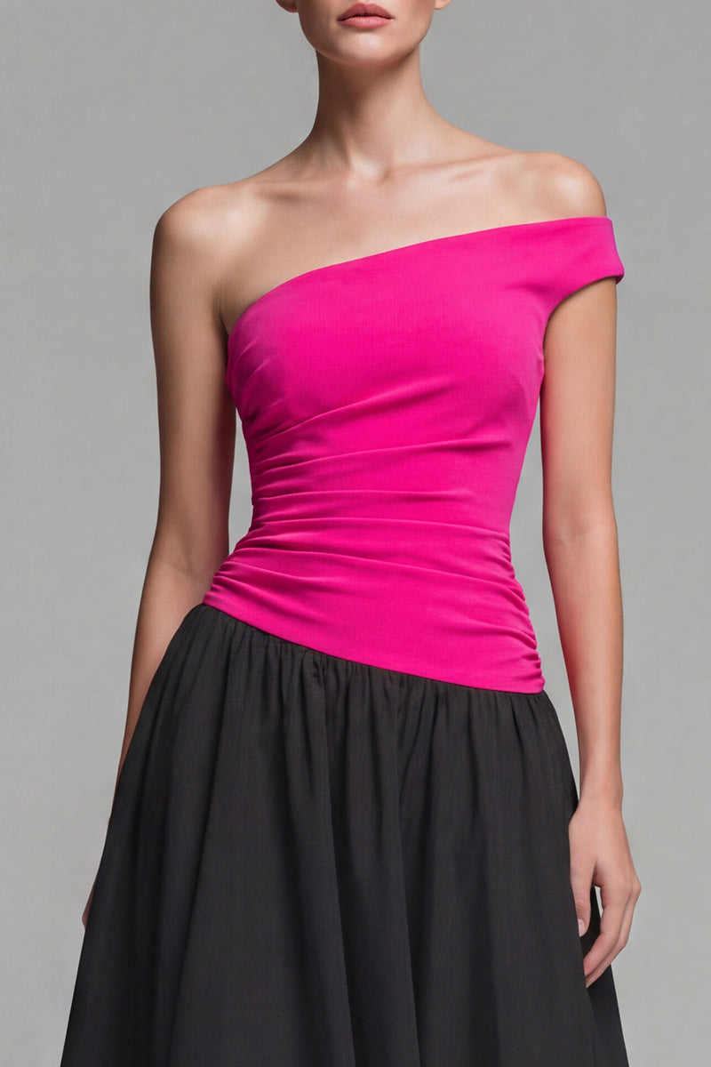 Load image into Gallery viewer, Fuchsia and Black Long Patchwork A Line One Shoulder Formal Dress