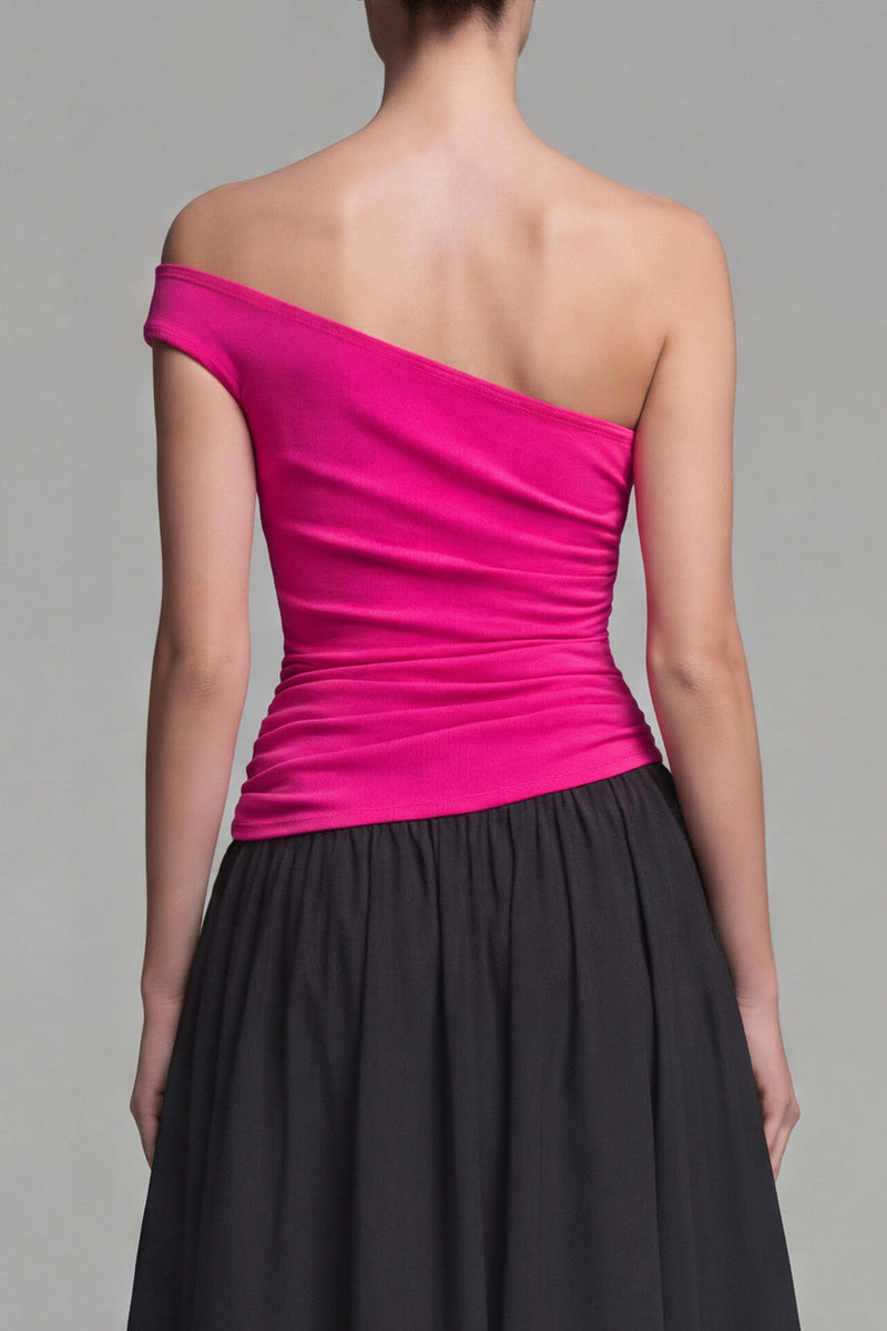 Load image into Gallery viewer, Fuchsia and Black Long Patchwork A Line One Shoulder Formal Dress