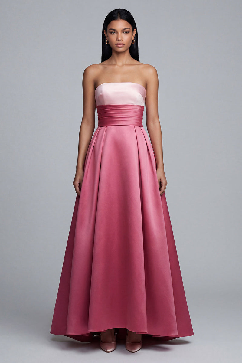 Load image into Gallery viewer, Pink Long A Line Strapless Satin Patchwork Formal Dress