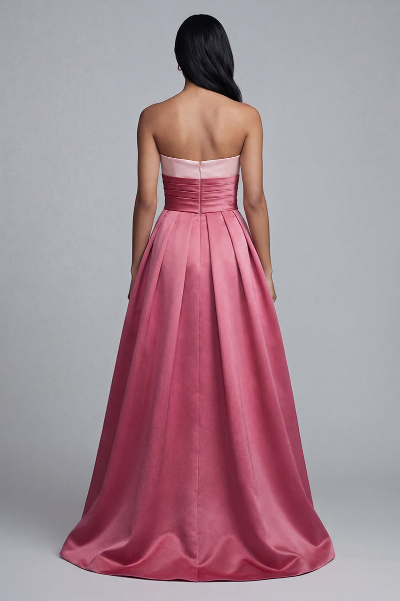 Load image into Gallery viewer, Pink Long A Line Strapless Satin Patchwork Formal Dress