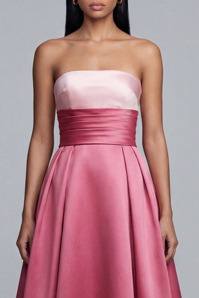 Load image into Gallery viewer, Pink Long A Line Strapless Satin Patchwork Formal Dress