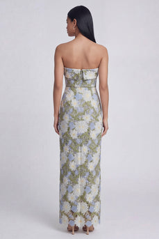 Floral Green Strapless Maxi Sheath Formal Dress