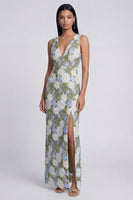 Load image into Gallery viewer, Green Maxi Floral Sheath V-Neck Formal Dress with Slit