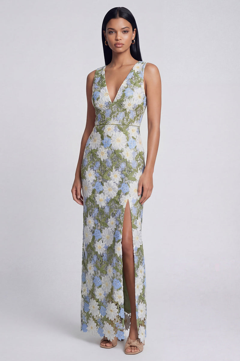 Load image into Gallery viewer, Green Maxi Floral Sheath V-Neck Formal Dress with Slit