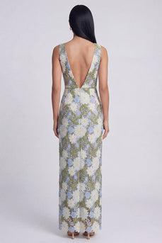 Green Maxi Floral Sheath V-Neck Formal Dress with Slit