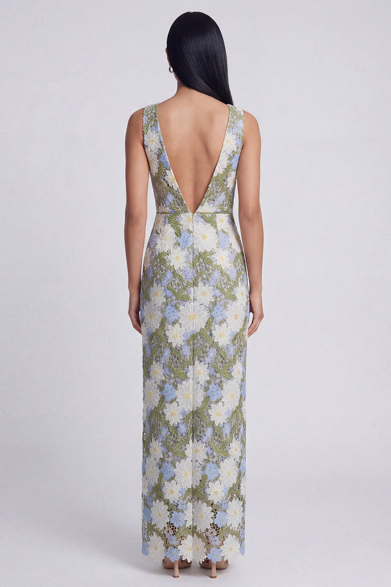 Load image into Gallery viewer, Green Maxi Floral Sheath V-Neck Formal Dress with Slit
