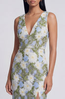 Load image into Gallery viewer, Green Maxi Floral Sheath V-Neck Formal Dress with Slit