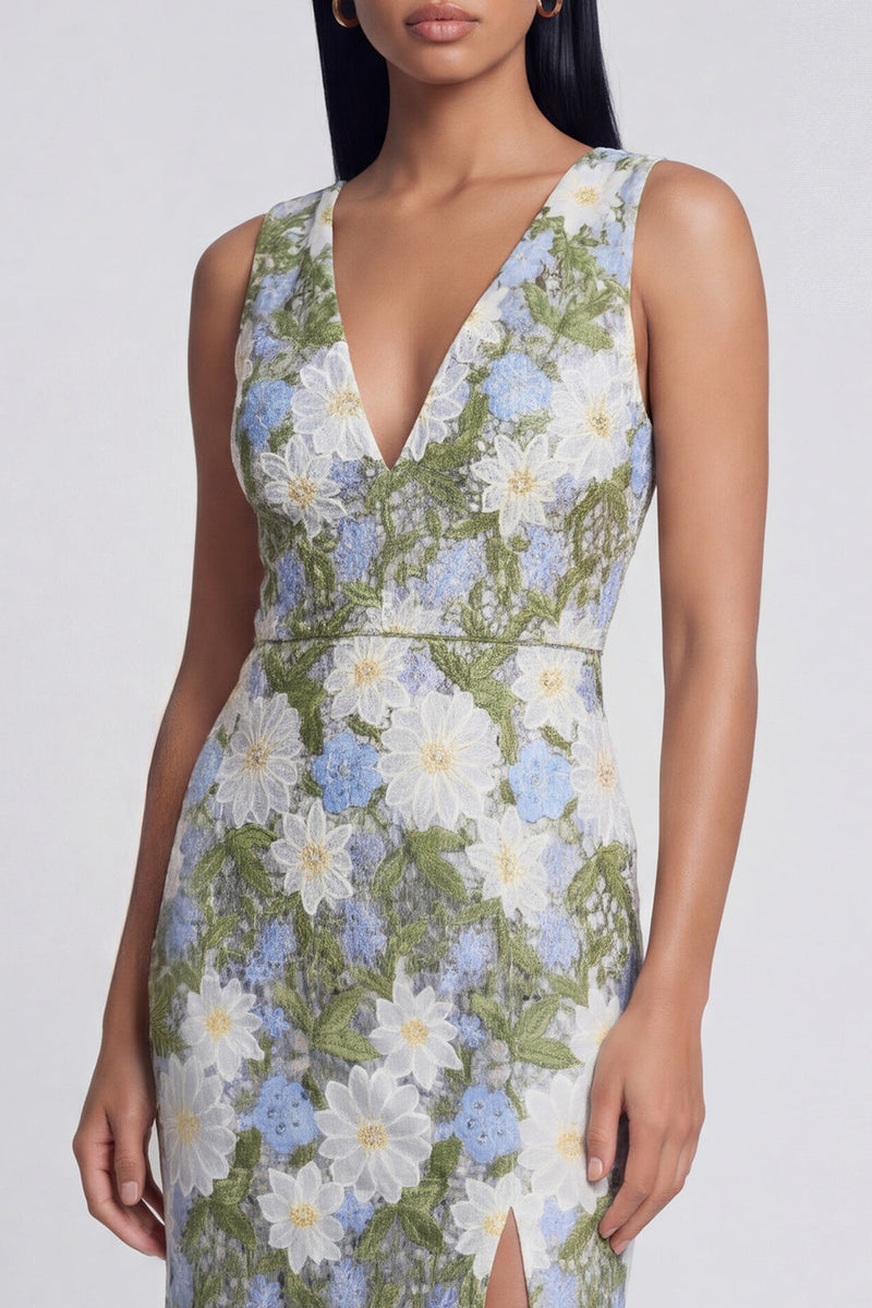 Load image into Gallery viewer, Green Maxi Floral Sheath V-Neck Formal Dress with Slit