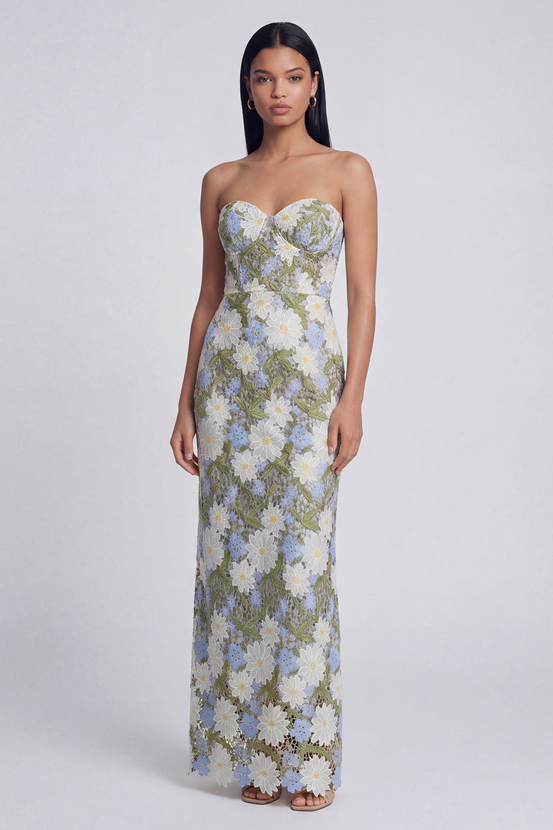 Load image into Gallery viewer, Strapless Green Maxi Sheath Floral Formal Dress