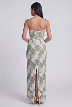 Strapless Green Maxi Sheath Floral Formal Dress