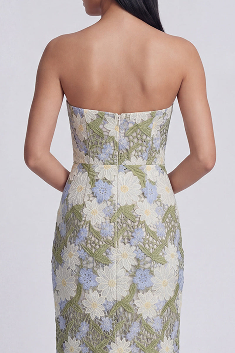 Load image into Gallery viewer, Strapless Green Maxi Sheath Floral Formal Dress