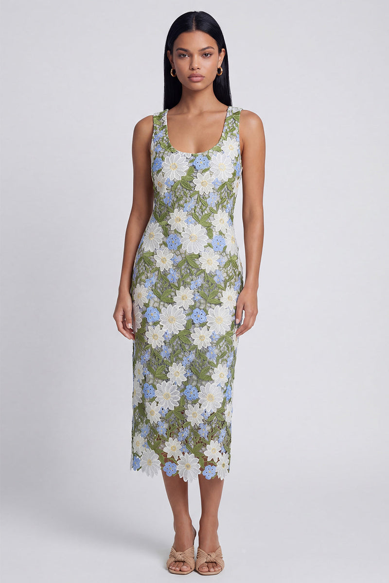 Load image into Gallery viewer, Green Scoop Neck Floral Sheath Maxi Formal Dress