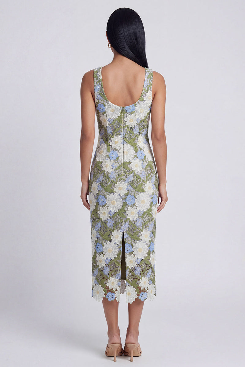 Load image into Gallery viewer, Green Scoop Neck Floral Sheath Maxi Formal Dress