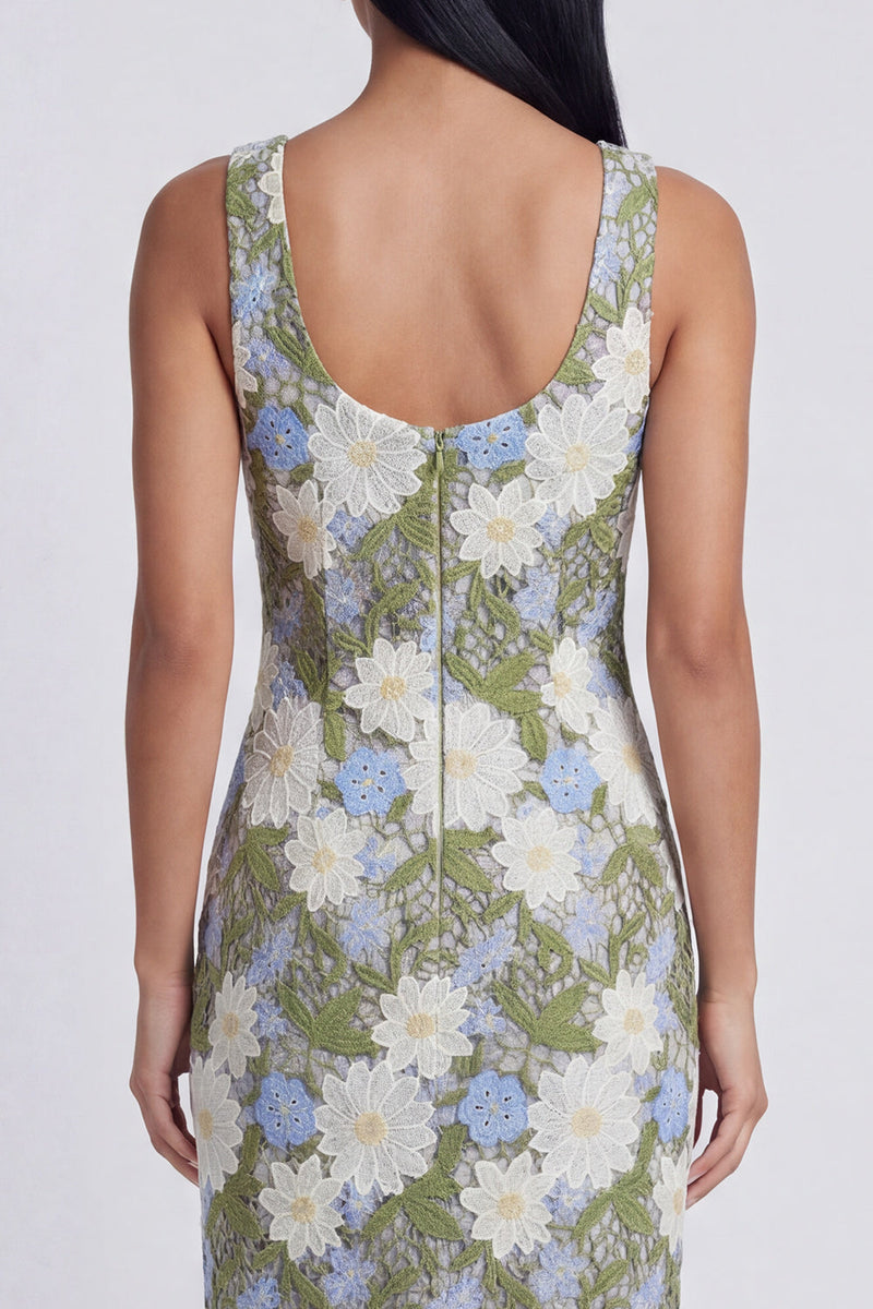 Load image into Gallery viewer, Green Scoop Neck Floral Sheath Maxi Formal Dress