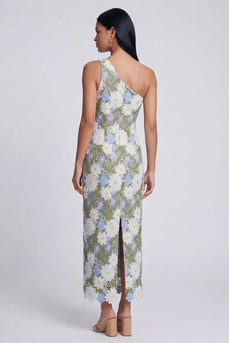 Floral Green Sheath One Shoulder Maxi Formal Dress