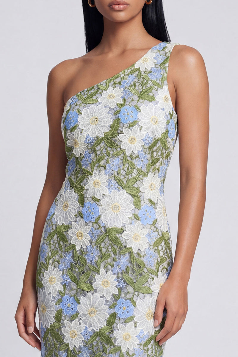 Load image into Gallery viewer, Floral Green Sheath One Shoulder Maxi Formal Dress