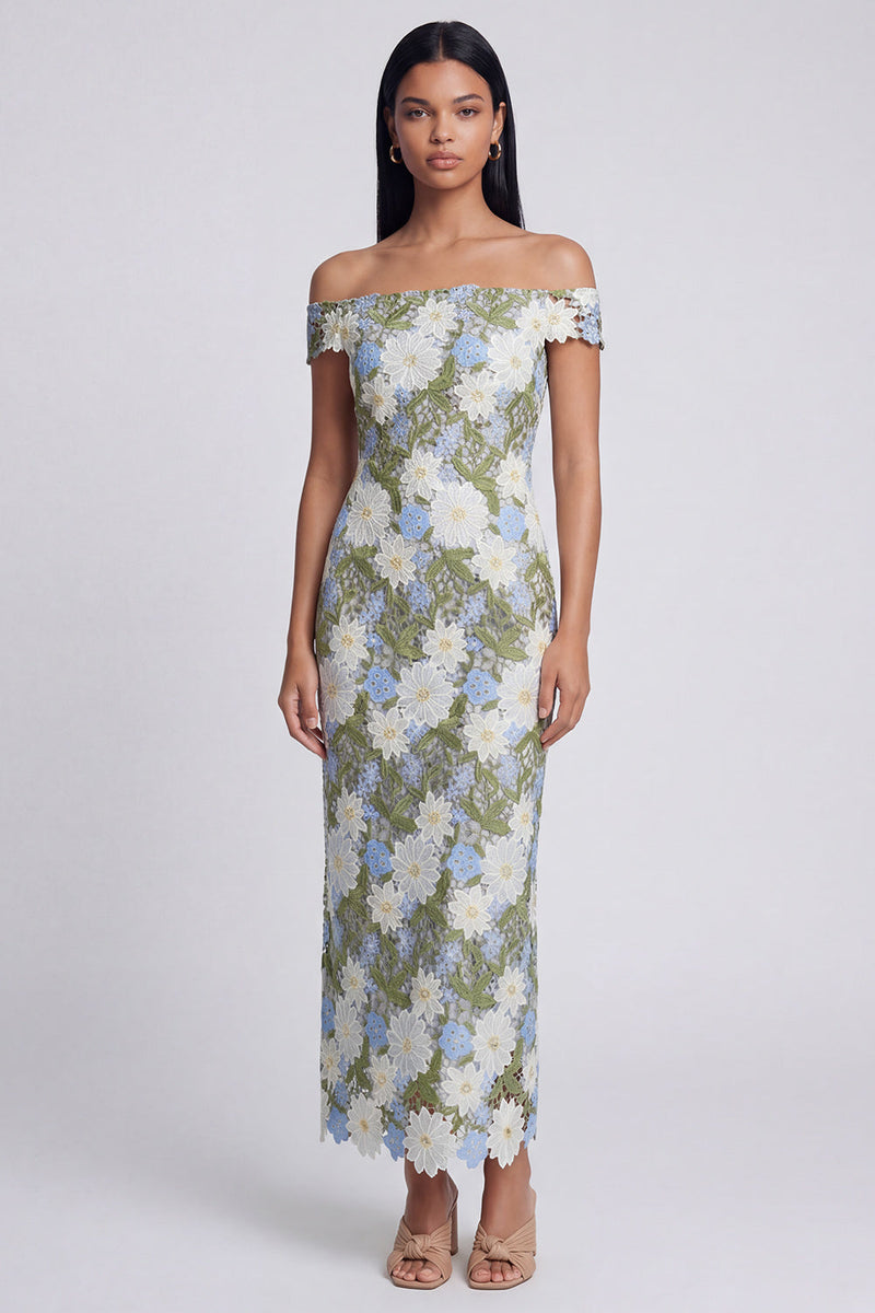 Load image into Gallery viewer, Off the Shoulder Green Floral Sheath Maxi Formal Dress