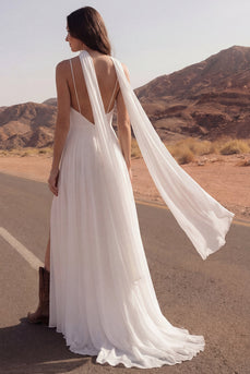 Ivory Spaghetti Straps A Line Maxi Beach Wedding Dress with Slit