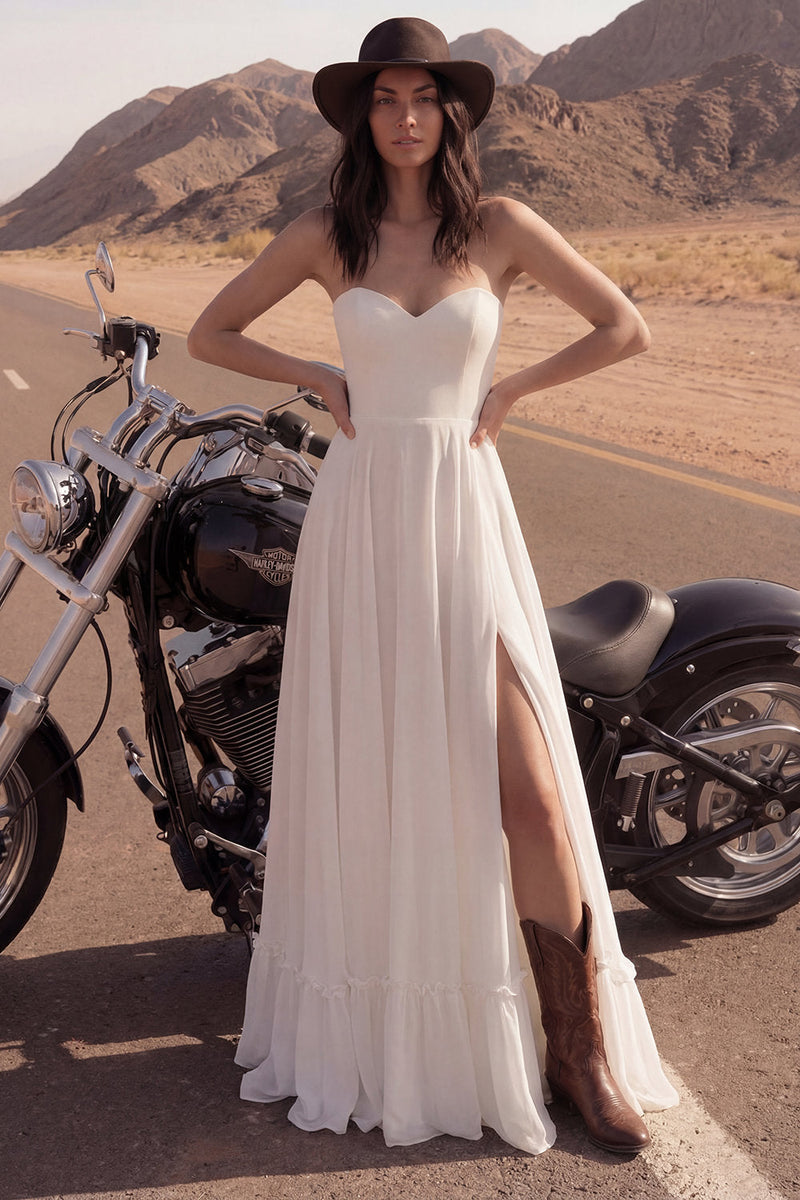 Load image into Gallery viewer, Ivory Strapless Maxi A Line Beach Wedding Dress with Slit