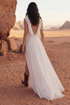 A Line Ivory Maxi Ruffled V-Neck Beach Wedding Dress with Slit