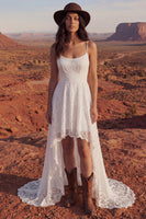 Load image into Gallery viewer, Ivory High Low A Line Lace Floral Spaghetti Straps Boho Wedding Dress