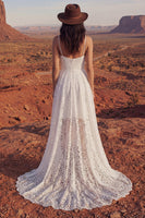 Load image into Gallery viewer, Ivory High Low A Line Lace Floral Spaghetti Straps Boho Wedding Dress