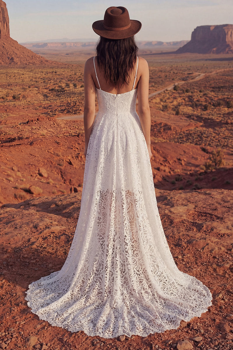 Load image into Gallery viewer, Ivory High Low A Line Lace Floral Spaghetti Straps Boho Wedding Dress