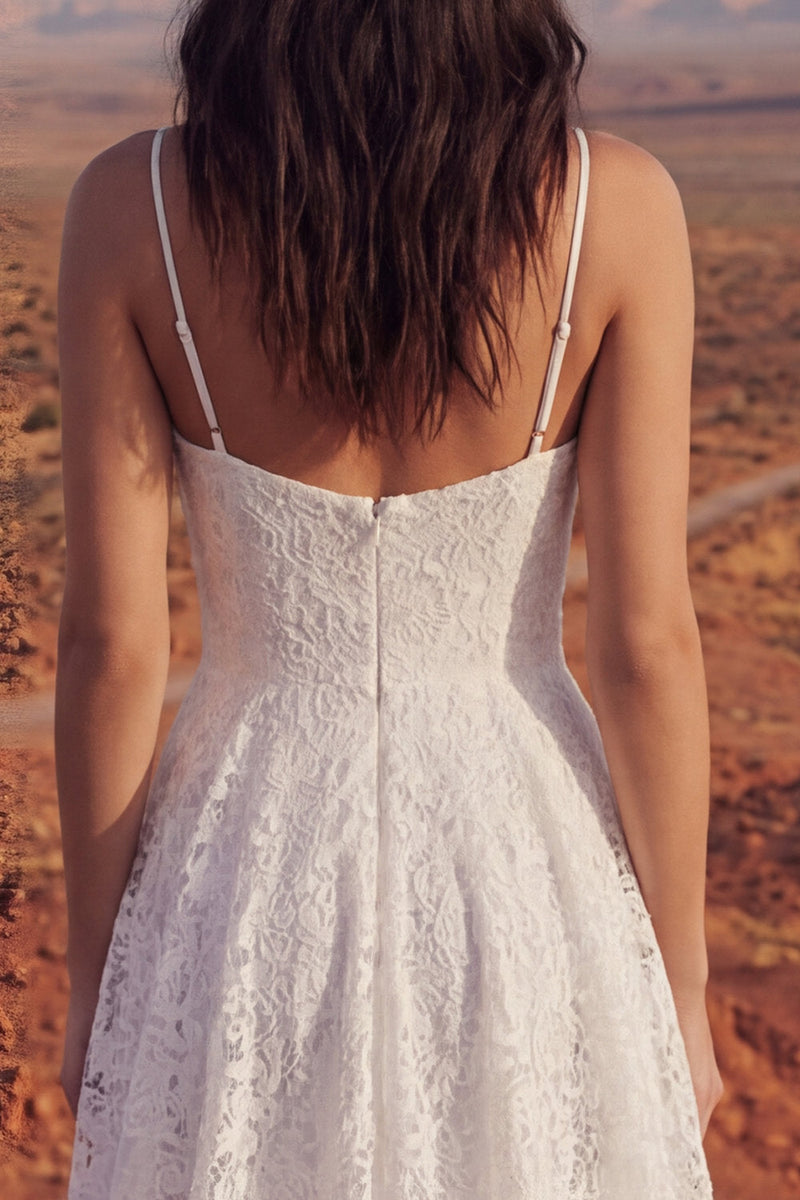Load image into Gallery viewer, Ivory High Low A Line Lace Floral Spaghetti Straps Boho Wedding Dress