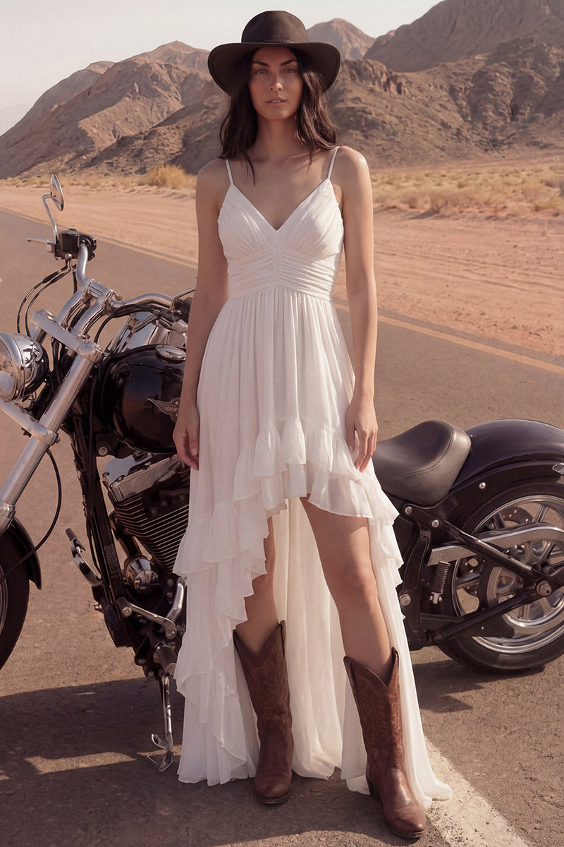 Load image into Gallery viewer, Ivory A Line Spaghetti Straps High-Low Beach Wedding Dress with Ruffles