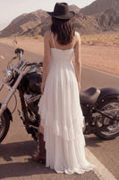 Load image into Gallery viewer, Ivory A Line Spaghetti Straps High-Low Beach Wedding Dress with Ruffles