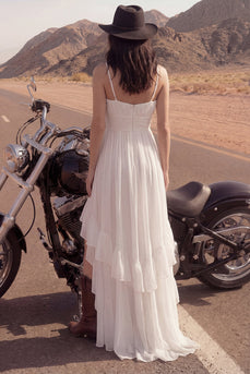 Ivory A Line Spaghetti Straps High-Low Beach Wedding Dress with Ruffles