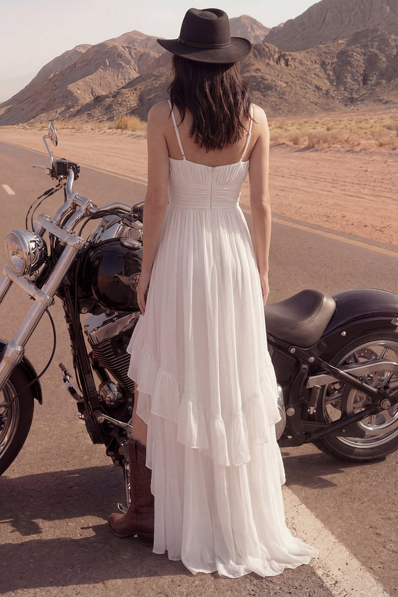 Load image into Gallery viewer, Ivory A Line Spaghetti Straps High-Low Beach Wedding Dress with Ruffles