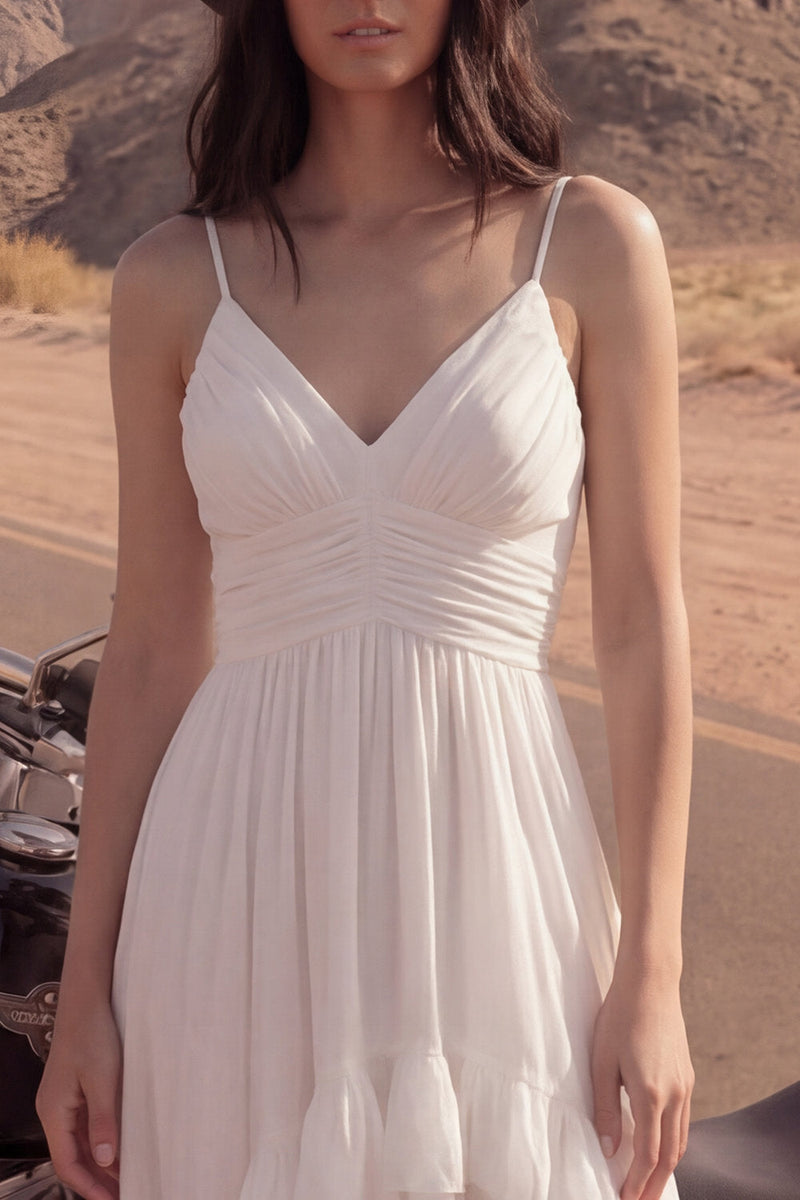 Load image into Gallery viewer, Ivory A Line Spaghetti Straps High-Low Beach Wedding Dress with Ruffles