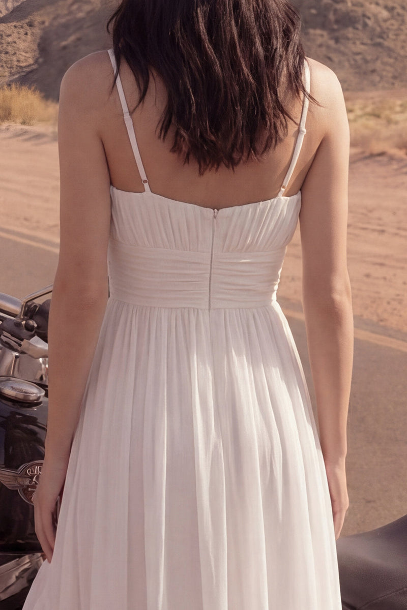 Load image into Gallery viewer, Ivory A Line Spaghetti Straps High-Low Beach Wedding Dress with Ruffles