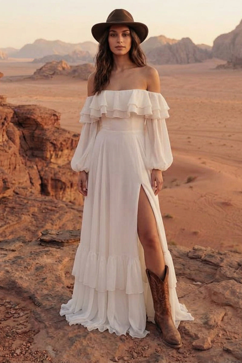 Load image into Gallery viewer, Ivory Maxi A Line Beach Wedding Dress with Ruffles