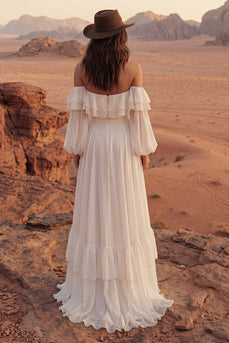 Ivory Maxi A Line Beach Wedding Dress with Ruffles