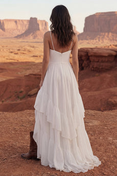 Ivory Maxi Spaghetti Straps A Line Beach Wedding Dress with Ruffles