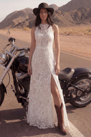 Load image into Gallery viewer, Sheath Lace Floral Ivory Maxi Boho Wedding Dress with Slit