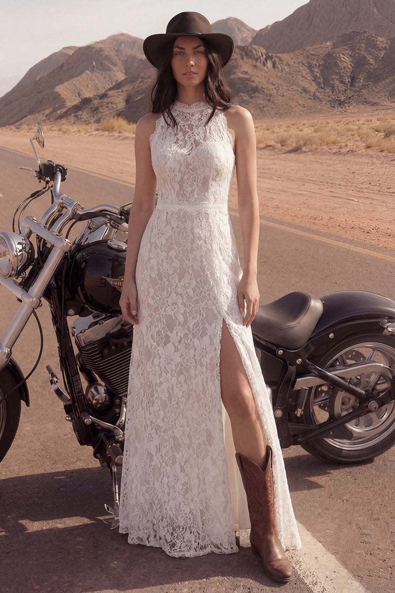 Load image into Gallery viewer, Sheath Lace Floral Ivory Maxi Boho Wedding Dress with Slit