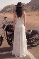Load image into Gallery viewer, Sheath Lace Floral Ivory Maxi Boho Wedding Dress with Slit