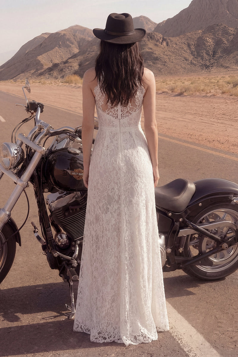 Load image into Gallery viewer, Sheath Lace Floral Ivory Maxi Boho Wedding Dress with Slit