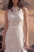 Load image into Gallery viewer, Sheath Lace Floral Ivory Maxi Boho Wedding Dress with Slit